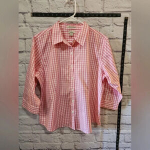 L.L. Bean Pink Gingham Wrinkle-Free Button-Up Shirt L Petite Classic Preppy